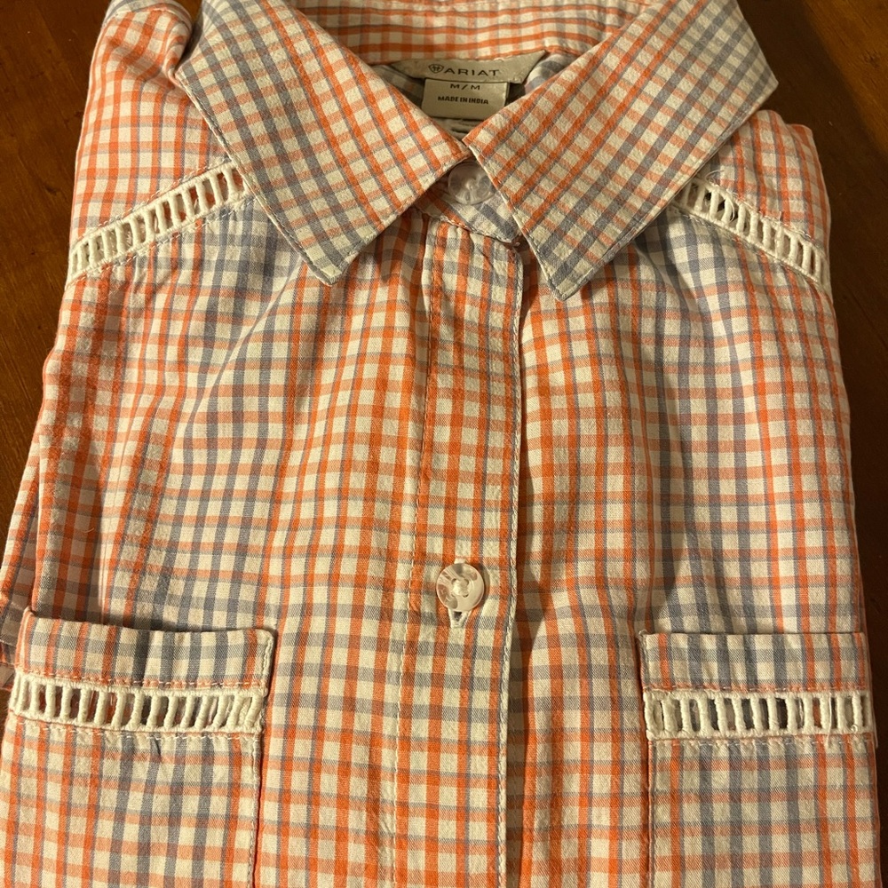 Ariat Women’s Western Button Down Long Sleeve Shirt, Orange/Gray size M